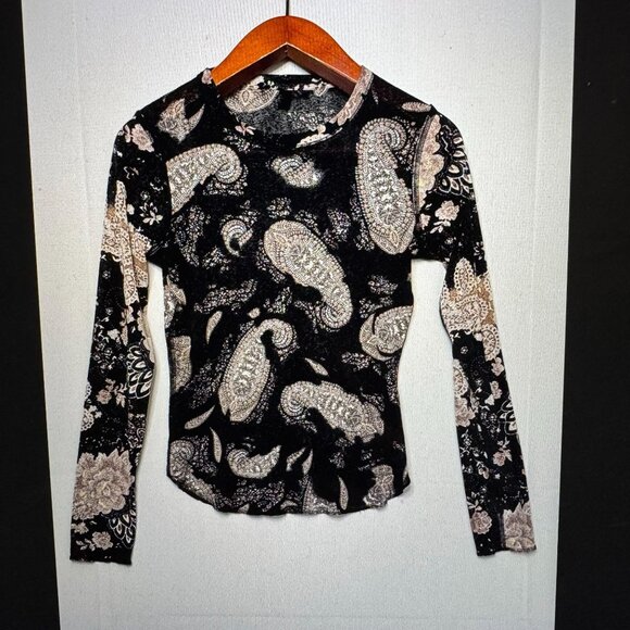 Vintage Karen Kane Opaque Black Brown Paisley Long Sleeve Round Hem Top Medium - Picture 9 of 11